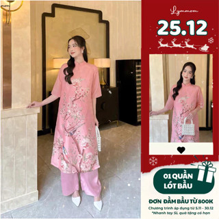  Áo Dài Bầu Thiết Kế LYMMOM Váy Bầu Mặc Tết Đi Chùa Cao Cấp Hoạ Tiết Hoa Đào Hồng SAD24 