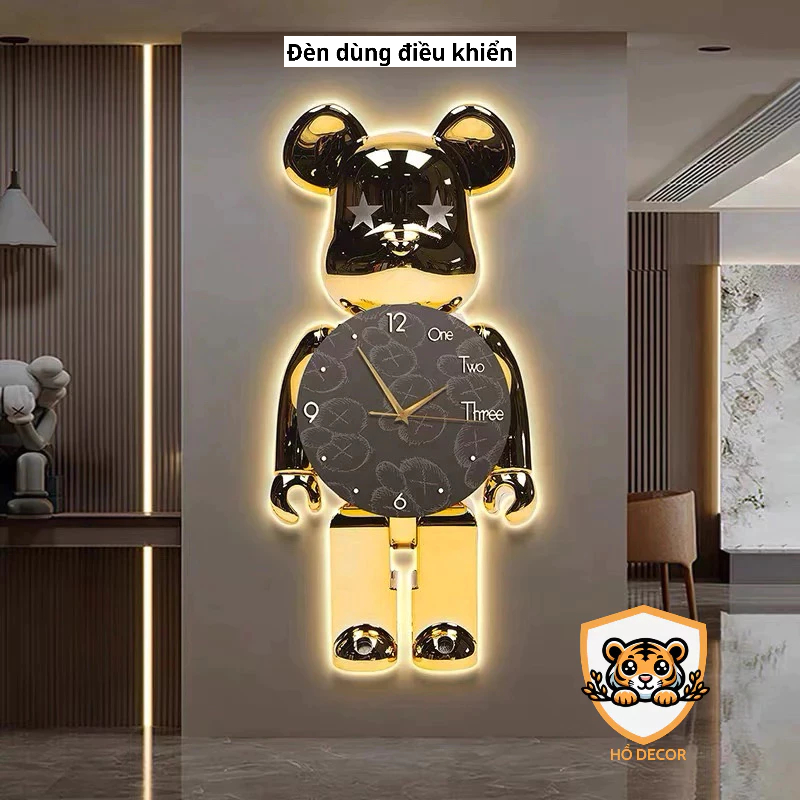 (Đèn dùng điều khiển) Đồng hồ treo tường cao cấp Gấu Bearbrick đèn led hiện đại treo phòng khách, ph