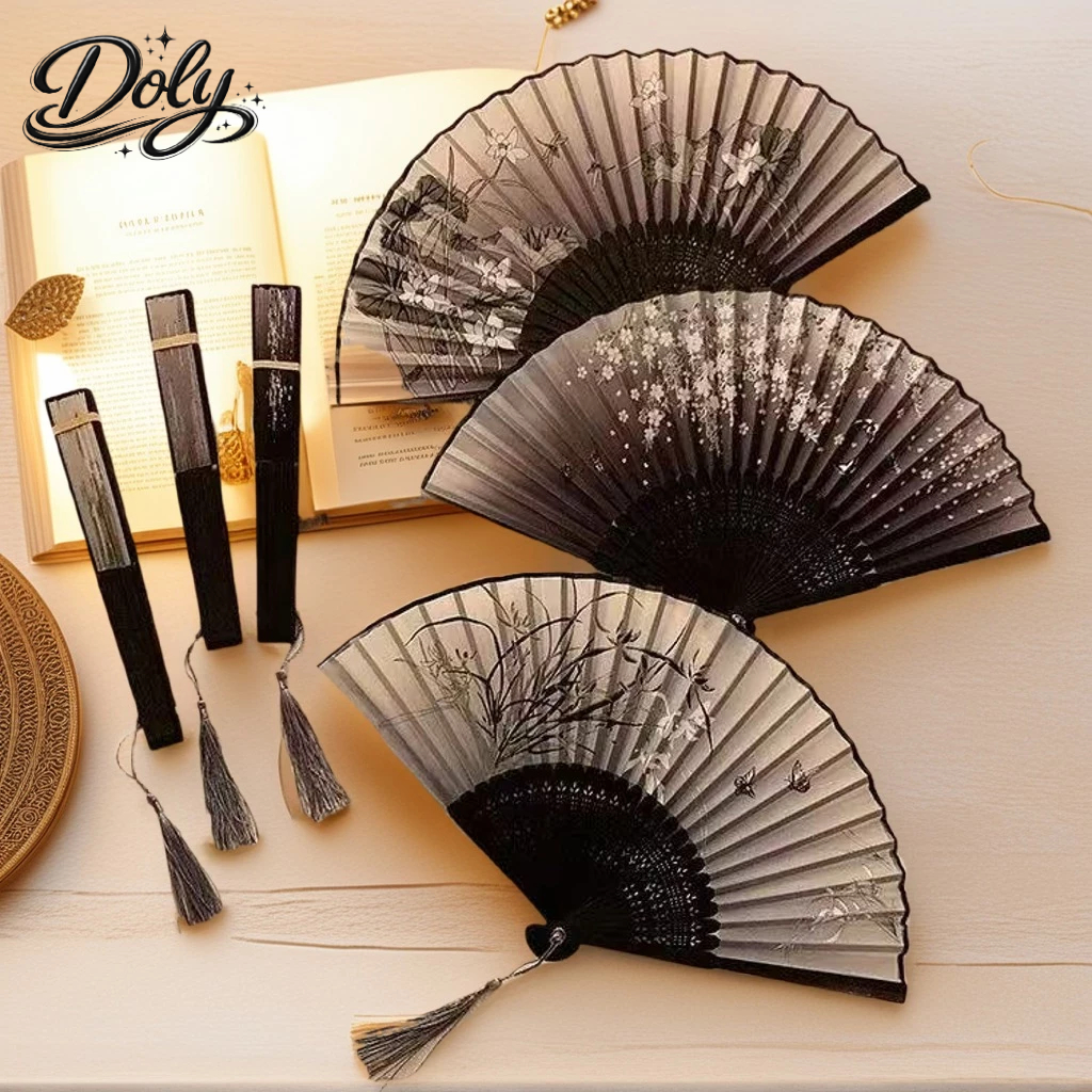 Quạt cầm tay cổ trang Trung Quốc bằng vải giấy gỗ xếp, quạt múa văn nghệ hầu đồng thánh