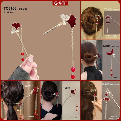 GOTI Trâm Cài Tóc Dành Cho Nữ Hình 2 Lá Cọ Đỏ Đính Đá Sang Trọng TC5166