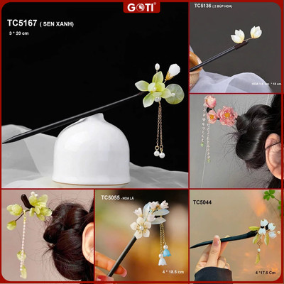 GOTI Trâm Cài Tóc Kiểu Trâng Dạng Gỗ Đính Hình Hoa Sen Thanh Lịch Phối Tua Rua TC5167