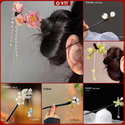 GOTI  Phụ Kiện Tóc Dành Cho Nữ Thanh Gỗ Đính Hoa Hồng Thanh Lịch - Quà Tặng Nữ TC5168