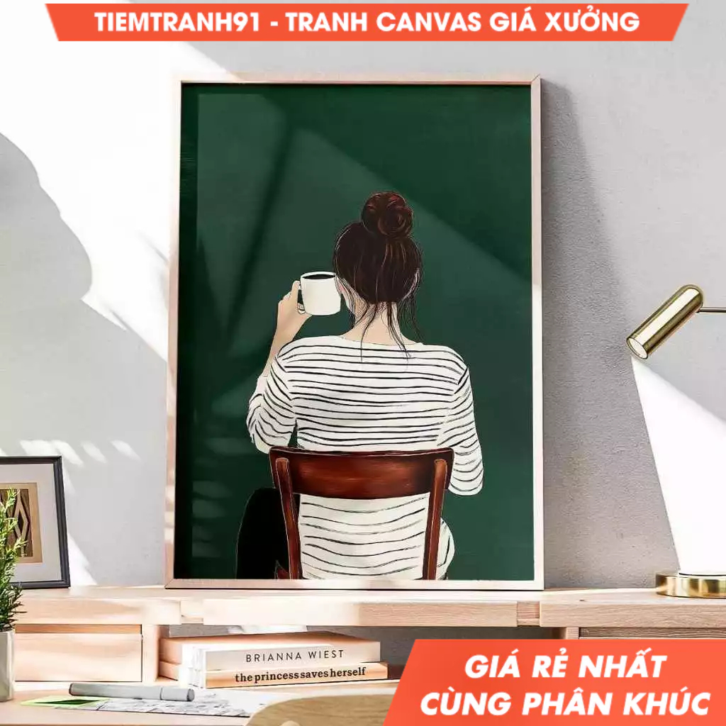 Tranh treo tường, Feminine Coffee Time Poster Stylish Woman With Mug Contemporary Coffee Art Minimal