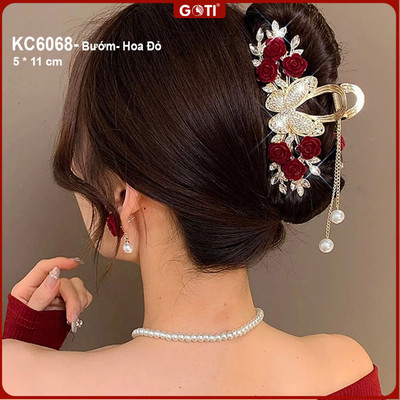 GOTI - Phụ Kiện Tóc Dành Cho Nữ Kiểu Kẹp Cua Hình Bướm Đá và Hoa Đỏ Xinh Xắn KC6068