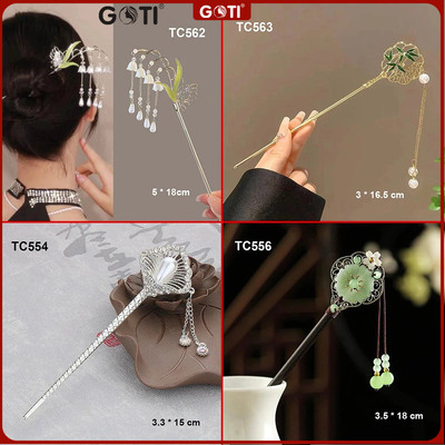 GOTI - Phụ Kiện Tóc Quà Tặng Cho Nữ Trâm Cài Tóc Hình Bướm Lá Xanh Phối 4 Hoa Tua Rua Xinh Xắn TC562