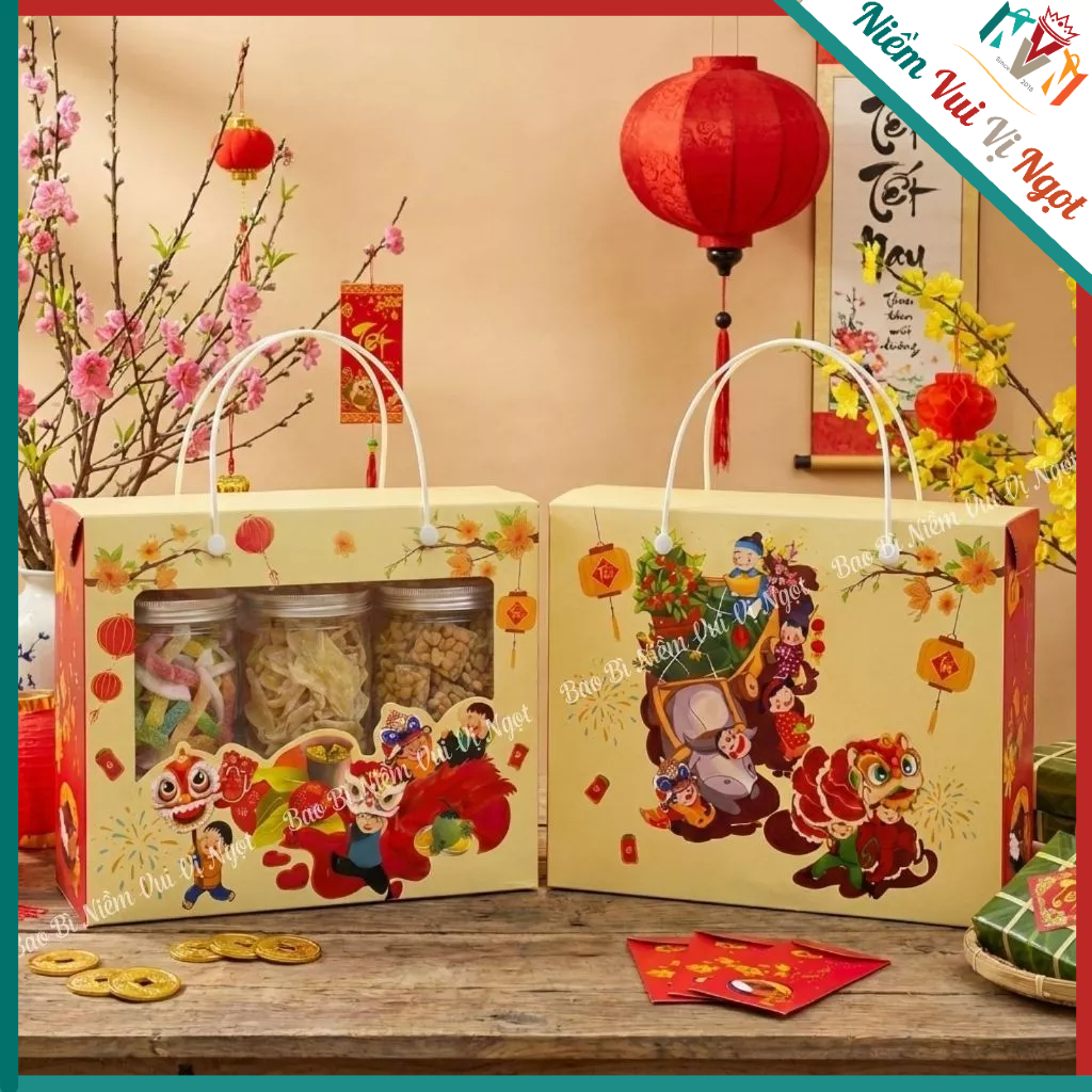 10 Hộp Quà Tết quai xách, Hộp đưng 3-6 Hũ nhựa PET, Hộp đựng Bánh mứt ngày Tết ~ Múa Lân