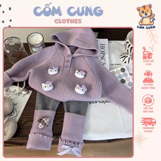  Set áo phao phối len tím cho bé gái mùa đông Áo hoodie len Hello Kitty kèm quần legging và áo khoác chần bông dễ thương 
