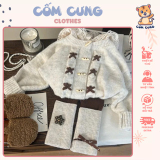  Set len trắng mũ ren thêu sao nâu khuy gỗ và quần len nâu tất trắng ấm áp mùa đông cho bé gái 