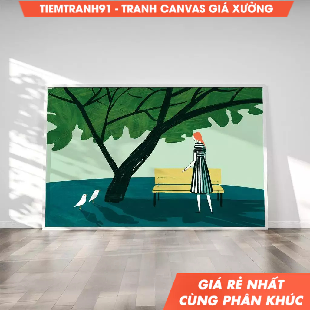 Tranh treo tường, Girl in Park Horizontal Minimal Nature Scene Modern Landscape Art Contemporary Ben