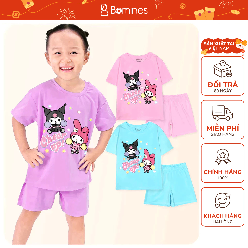 Đồ bộ bé gái Kuromi & Melody Bomines, đồ bộ short hè My Melody thun cotton thoáng mát cho bé 4-12 tu