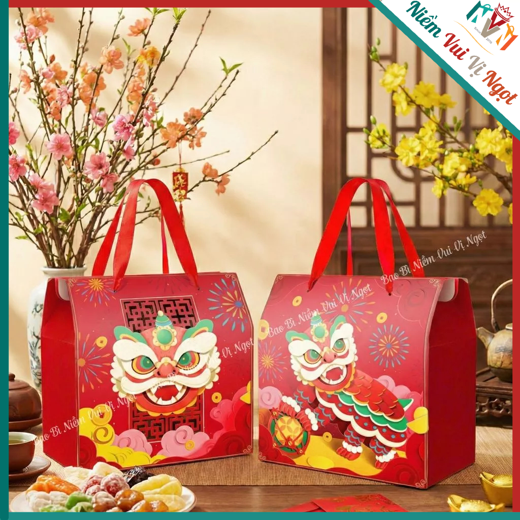 10 Túi Hộp Quai Xách Tết, Hộp Quà Tết, Hộp đựng Bánh mứt Lạp xưởng ~ XUÂN HỶ KẸO