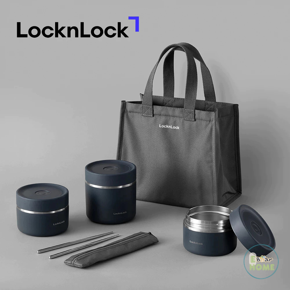 Bộ 3 hộp cơm giữ nhiệt inox 304 dung tích 300 - 300 - 500ml kèm bộ đũa thìa và túi giữ nhiệt LocknLo