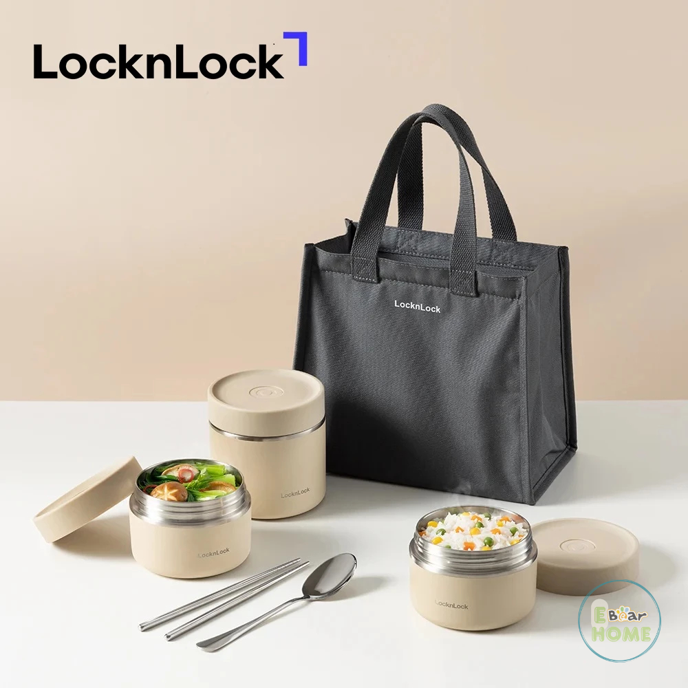 Bộ hộp cơm giữ nhiệt LocknLock inox 304 kèm bộ đũa thìa và túi giữ nhiệt LHC8052S02 - Ebearhome