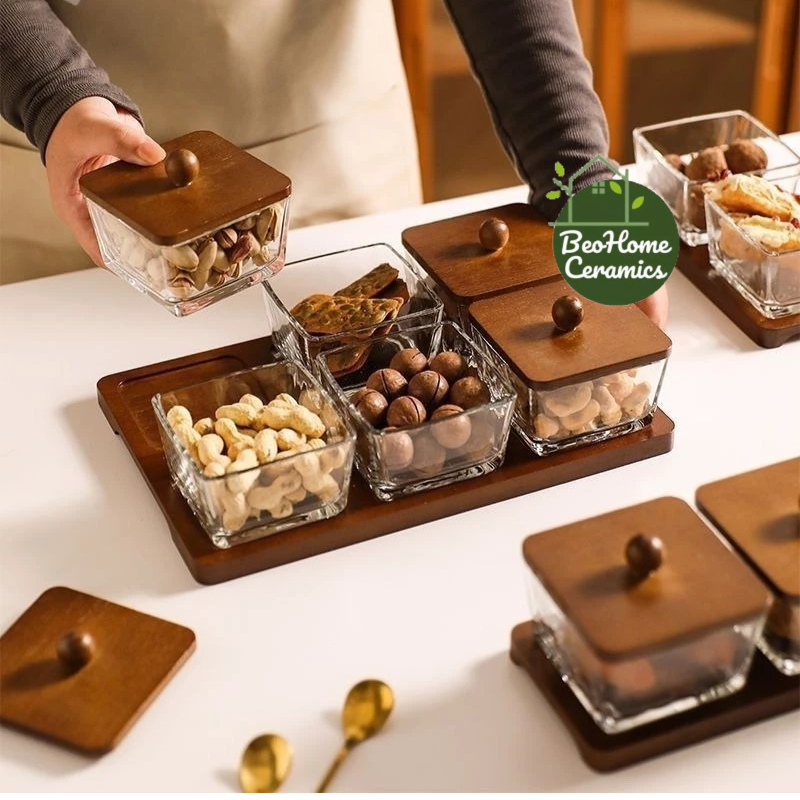 Khay Đựng Mứt Tết Bánh Kẹo Hũ Mứt Thuỷ Tinh NẮp Gỗ, Hũ Mứt Kèm Khay sang trọng Tết 2026