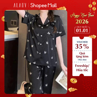  Bộ đồ Pijama ALADY tay ngắn quần dài họa tiết bướm trắng chất liệu lụa Latin mềm mại nhẹ nhàng quý phái - TN070 