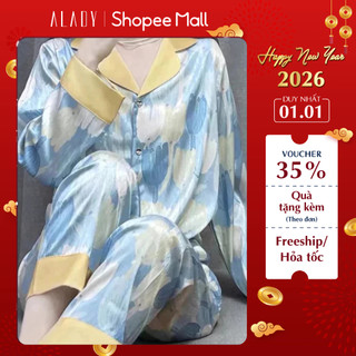  Đồ nữ Pijama ALADY Vải lụa xước ánh kim cao cấp sang trọng họa tiết đơn giản dài tay - TD012 
