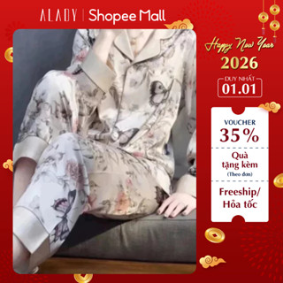  Bộ đồ ngủ ALADY Pijama Dài Tay trắng họa tiết chất liệu lụa Latin trơn mịn mềm mại-TD021 