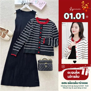   Kèm Cardigan  LYMMOM Đầm Bầu - Váy Len Bầu Mùa Đông Kẻ Sọc Dáng Dài Set Váy Bầu Xinh Đi Chơi Đi Làm VL033 