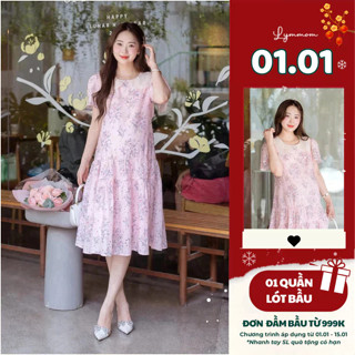  Váy đầm bầu công sở ngắn tay chân cá cổ ren chất thô thêu hoa 2 lớp mềm mại thoáng mát LYMMOM VB134 