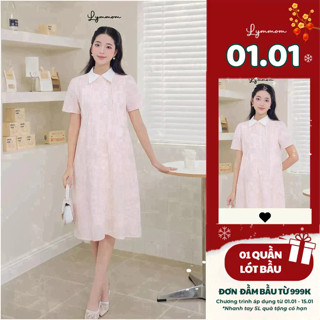  LYMMOM Đầm Váy bầu THIẾT KẾ  cổ áo sơ mi dáng suông cúc cài dài qua đầu gối VB173 