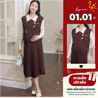   NEW T10  LYMMOM - Váy Bầu Xinh Dáng Dài Thu Đông  Áo len + Váy Polo  Chất Len Cao Cấp Mềm Mại Không Dặm Ngứa VL025 