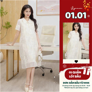  Váy đầm bầu chất tơ thêu hoa thoáng mát thiết kế cổ đức xếp ly sang trọng thiết kế LYMMOM VB170 