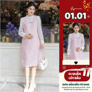  Váy Bầu Thu Đông Dáng Dài LYMMOM bầu công sở dáng suông phối cổ và tay sơ mi thiết kế sang trọng thanh lịch VB146 
