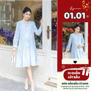  Váy đầm bầu chất vải tơ thêu hoa cao cấp mềm mịn thoáng mát dáng suông chân cá dài tay LYMMOM VB135 