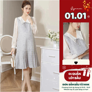  LYMOM - Váy Đầm Bầu Thu Đông Công Sở Trẻ Trung Tay Dài Thiết Kế Chân Cá Xếp Ly Phối Cổ Nơ Thanh Lịch VB084 