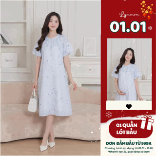  LYMMOM - VÁY ĐẦM BẦU THIẾT KẾ Xinh Sang Chảnh Váy Sơ Mi Bổ Cúc Họa Tiết Nơ VB188 