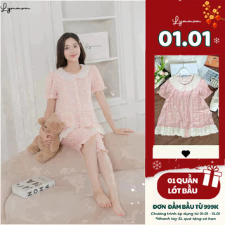  LYMMOM Set Đồ Bộ Bầu Thiết Kế Mặc Nhà Tay Ngắn Cùng Quần Hoa Tiết Hồng Caro Chất Liệu Cao Cấp BN015 