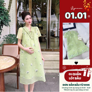  Đầm Bầu LYMMOM Tay Cộc Dáng Váy Suông Chất Liệu Tơ Thêu Hoa Cao Cấp Mềm Mại Thoải Mái  VB102 