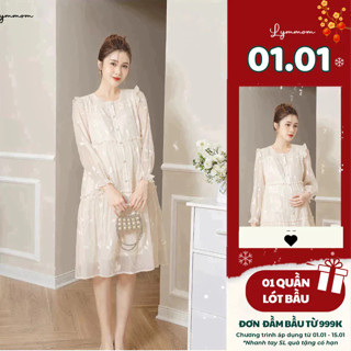  LYMMOM - Váy Đầm Bầu Thu Đông Dự Tiệc Thiết Kế Tay Dài Dáng Váy Suông Chất Liệu Tơ Thêu Hoa Cao Cấp VB087 