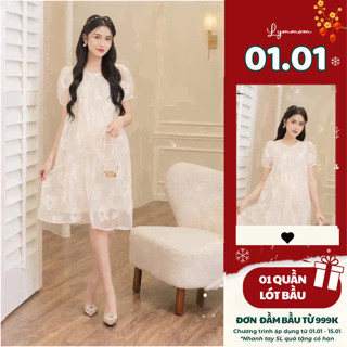  Váy đầm bầu chất liệu tơ thêu hoa thoáng mát thiết kế babydoll tay chuông trẻ trung LYMMOM VB051 