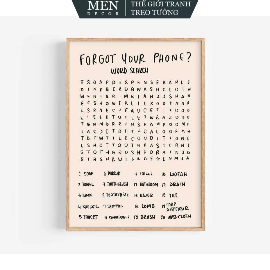 Tranh treo tường, Funny Bathroom Word Search Art Print Forgot Your Phone, nhận in theo yêu cầu, tặng