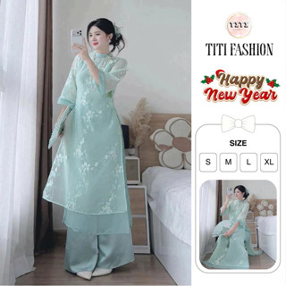   Tết 2026  Áo dài cách tân nữ 4 tà tay lỡ màu xanh ngọc diện Lễ Tết Du Xuân TiTi Fashion 