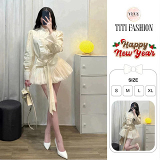  Set Áo Sơmi Cổ Tàu Phối Bèo Voan + Chân Váy Voan Bí Thắt Nơ Eo Tiểu Thư Sang Chảnh . TiTi Fashion 
