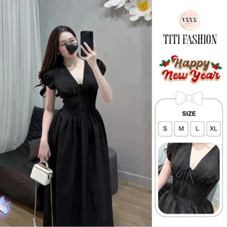  Váy đen tay ngắn cổ V dáng dài xoè thanh lịch đầm nữ tiểu thư mặc đi chơi đi ăn cưới TiTi Fashion 