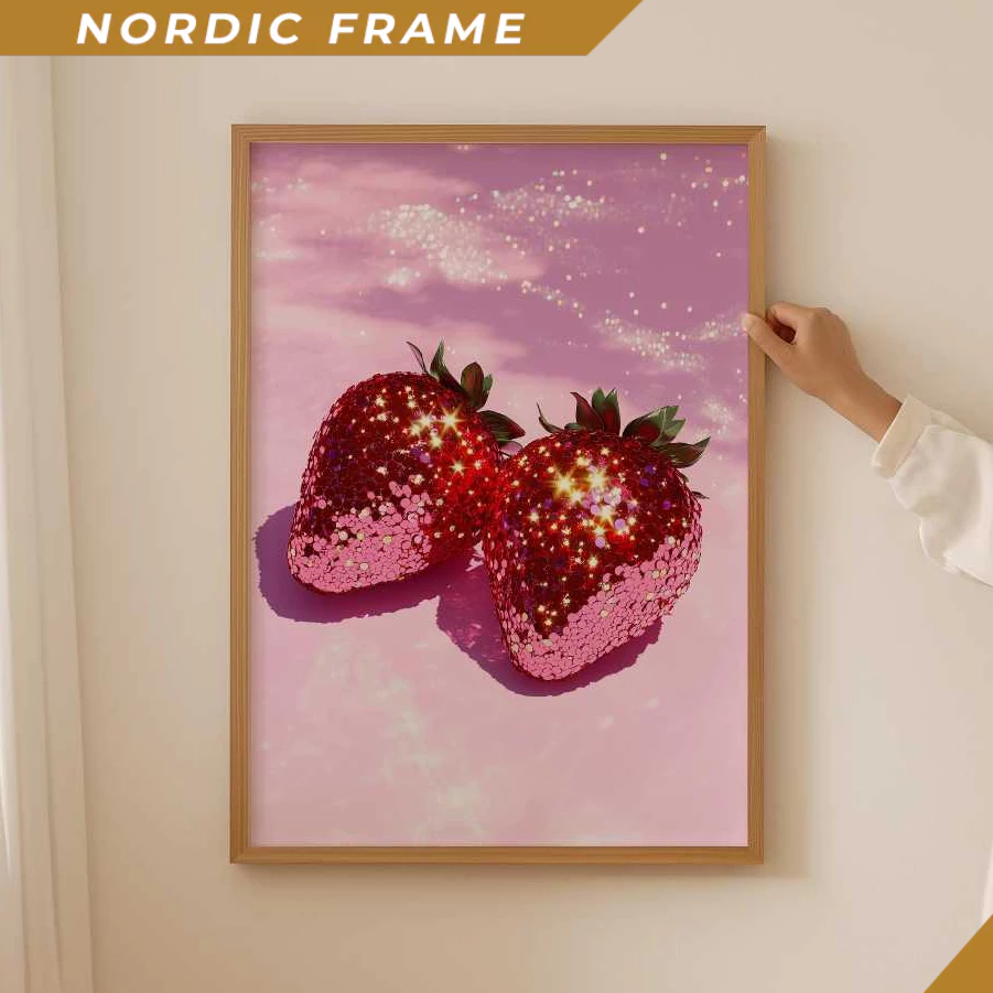 Tranh treo tường, Disco Strawberry Poster- Pink Funky kitchen Print for Aesthetic Room Decor, Dopami