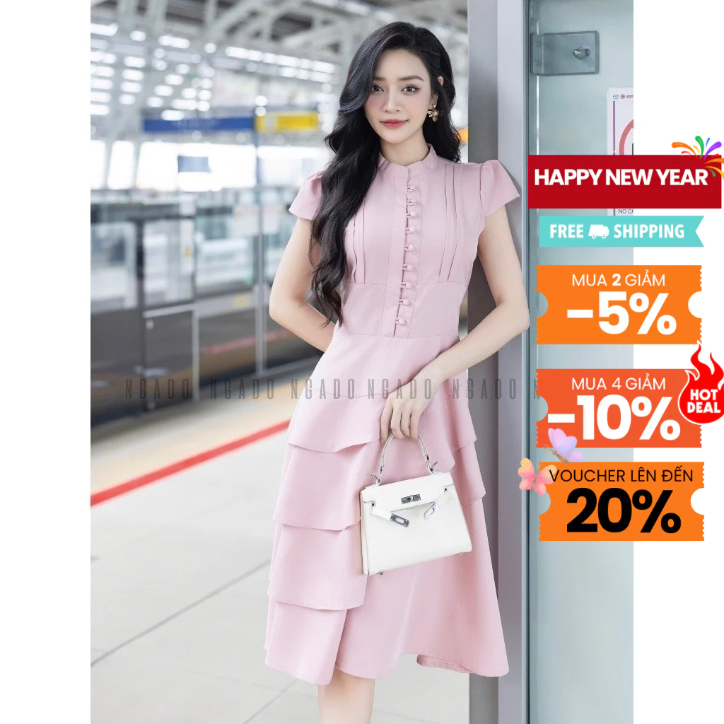  Đầm hồng ngắn tay NGADO Đầm thiết kế váy thiết kế 