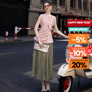  Set áo hồng cổ tròn chân váy xanh NGADO set áo váy dài  set áo kiểu Nữ  set áo yếm 