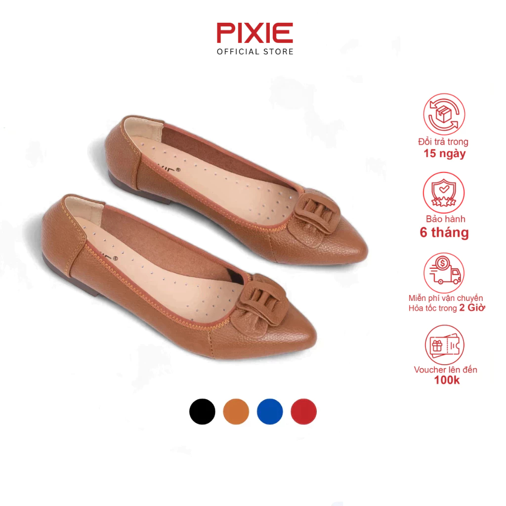Giày Búp Bê Nữ Mũi Nhọn Da Thật Nơ Xếp Pixie P126