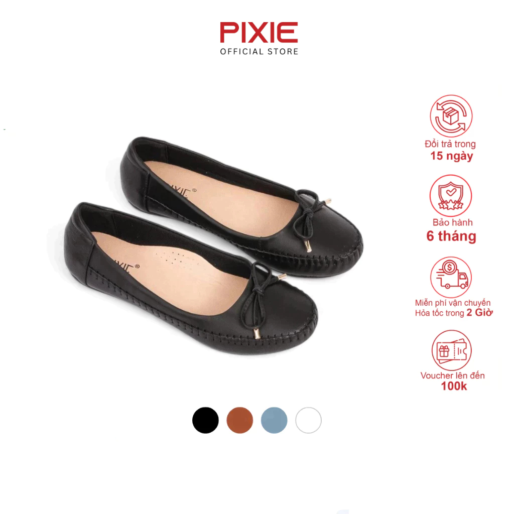 Giày Búp Bê Bệt Da Thật Êm Chân Gắn Nơ Pixie X603