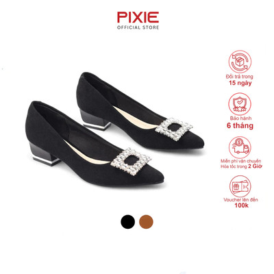 Giày Cao Gót Đế Vuông 4cm Gót Ốp Kim Loại Mũi Nhọn Phối Khóa Đính Đá Pha Lê Pixie H418