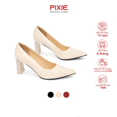 Giày Cao Gót 7cm Da Bóng Đế Vuông Thon Phối Mica Pixie X554