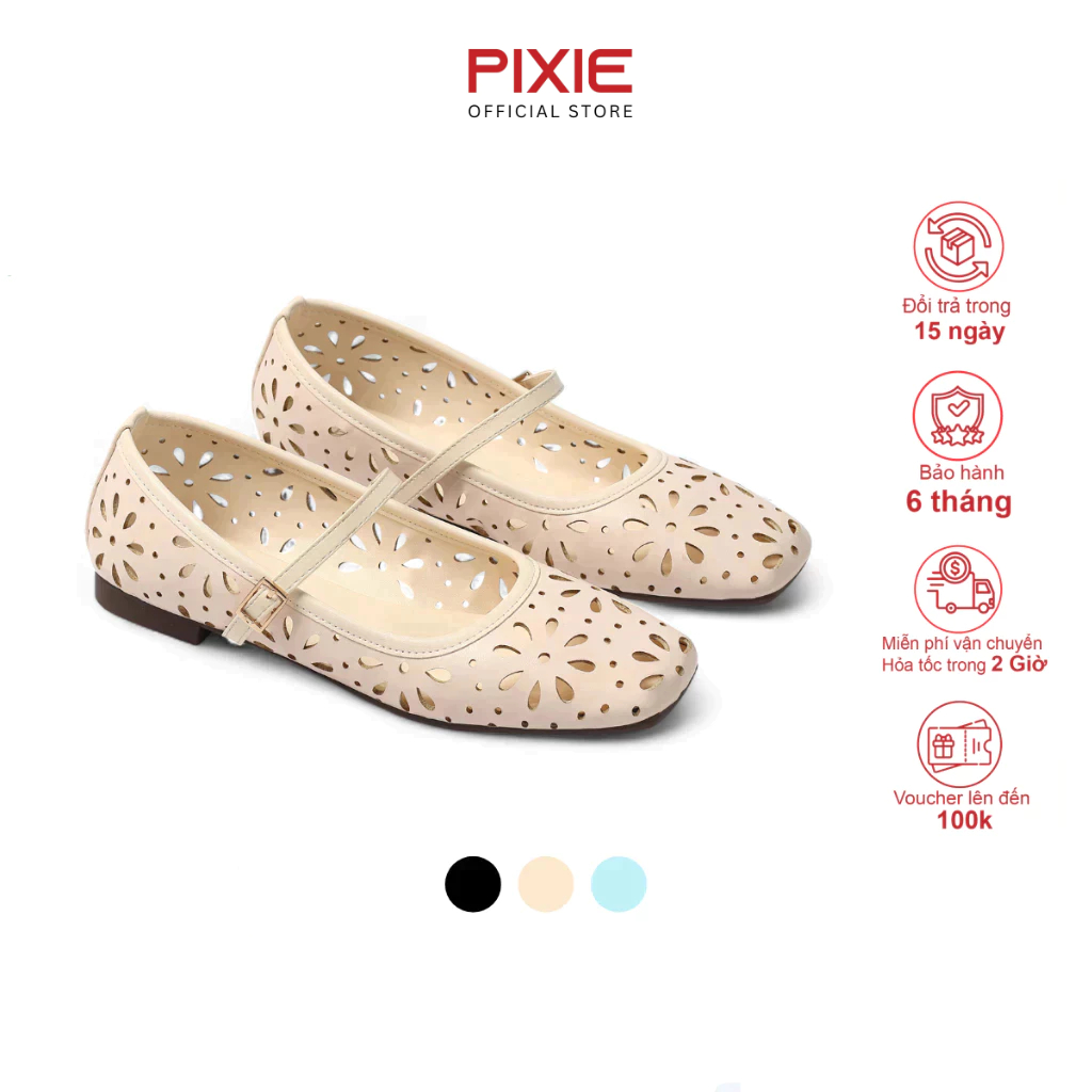 Giày Búp Bê Nữ Đế Bệt Mũi Tròn Quai Ngang Thiết Kế Khắc Laser Thời Trang Pixie H412