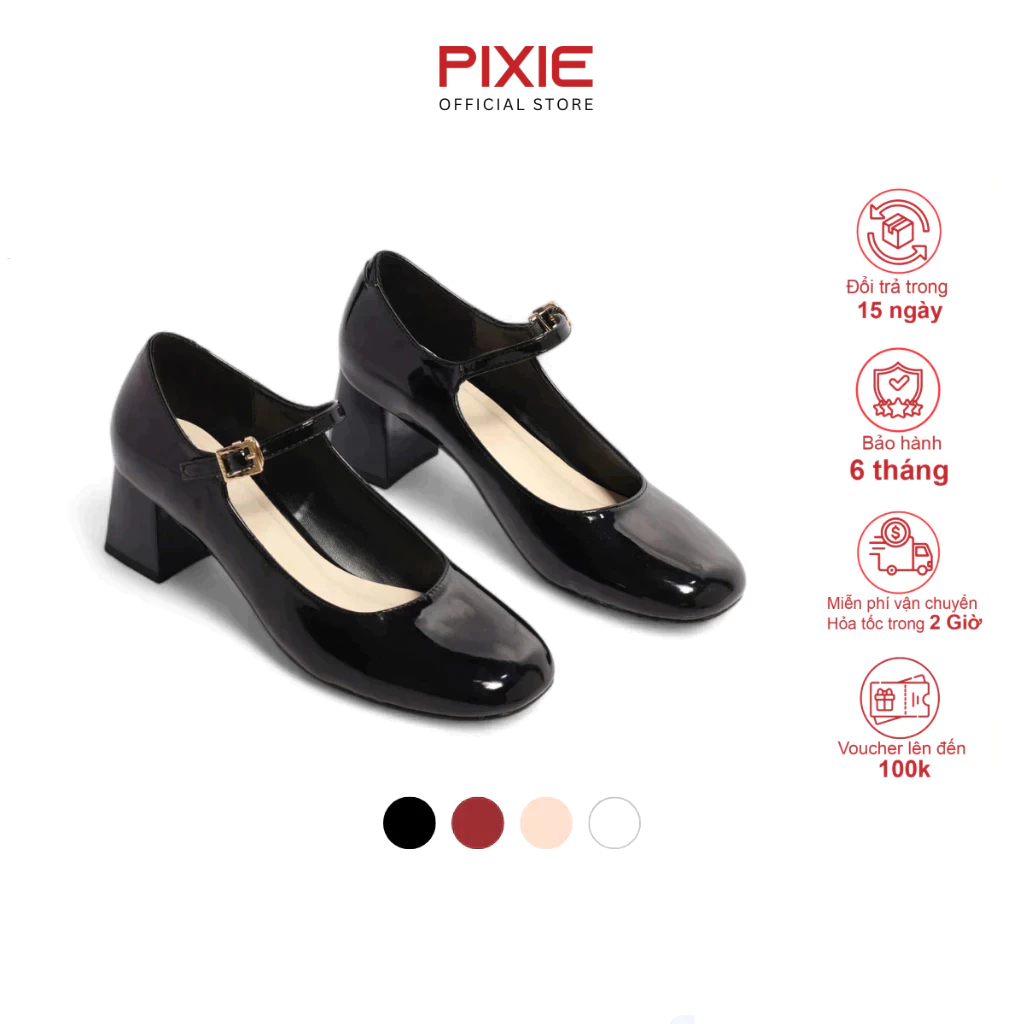 Giày Mary Jane 5cm Da Bóng Mũi Vuông Pixie H386