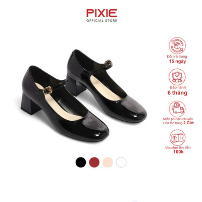 Giày Mary Jane 5cm Da Bóng Mũi Vuông Pixie H386