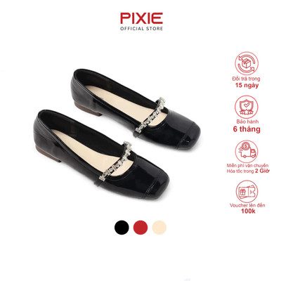 Giày Búp Bê Nữ Đế Bệt Quai Ngang Đính Đá Da Bóng Thời Trang Sành Điệu Pixie H397