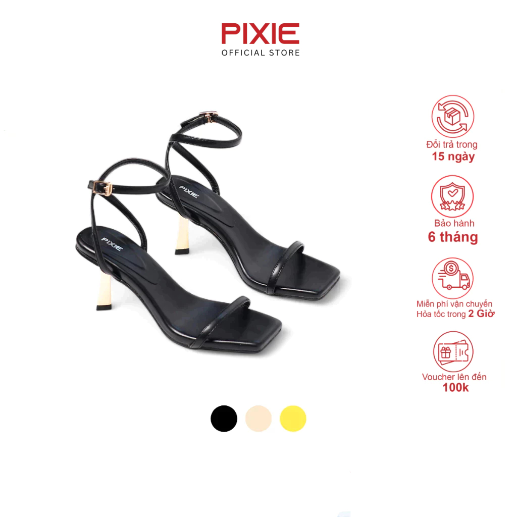 Giày Sandal Nữ Cao Gót 7cm Quai Mảnh Gót Vàng Mũi Vuông Hở Ngón Pixie H407